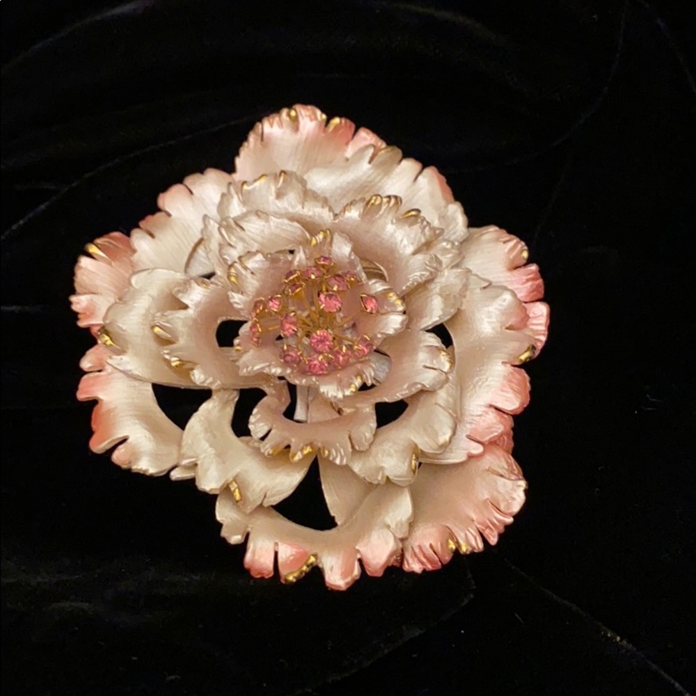 Vintage Large Parklane enamel pink flower brooch with rhinestones